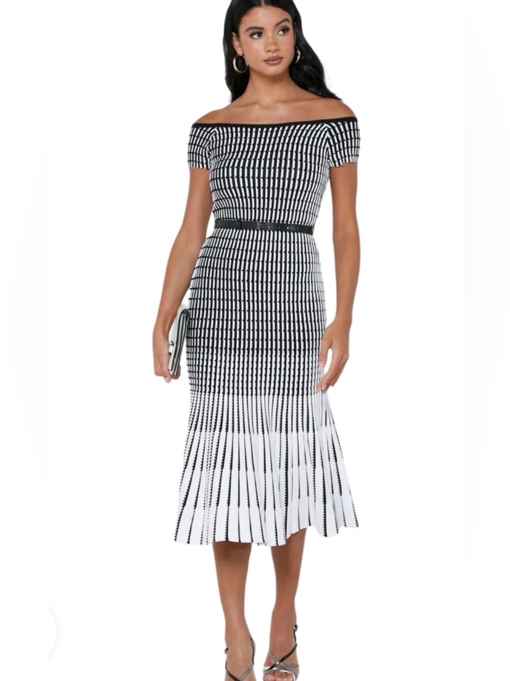 Ted Baker JULII Stripe Knit Off Shoulder Midi Dress Black White Size 3 US 8 NWOT
